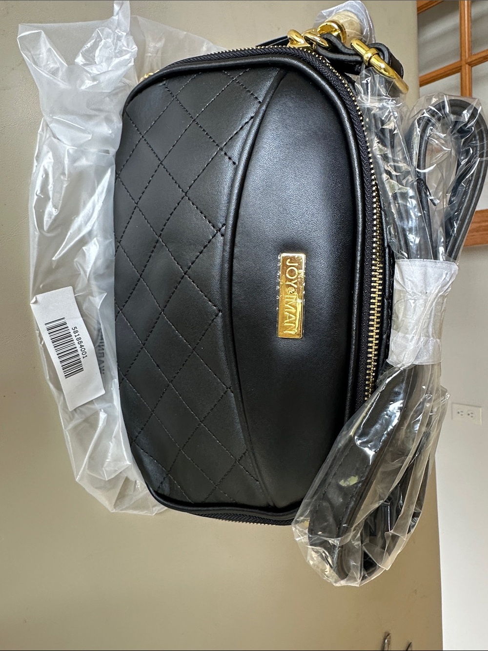 Joy & Iman Black Quilted Crossbody with Gold Plaque